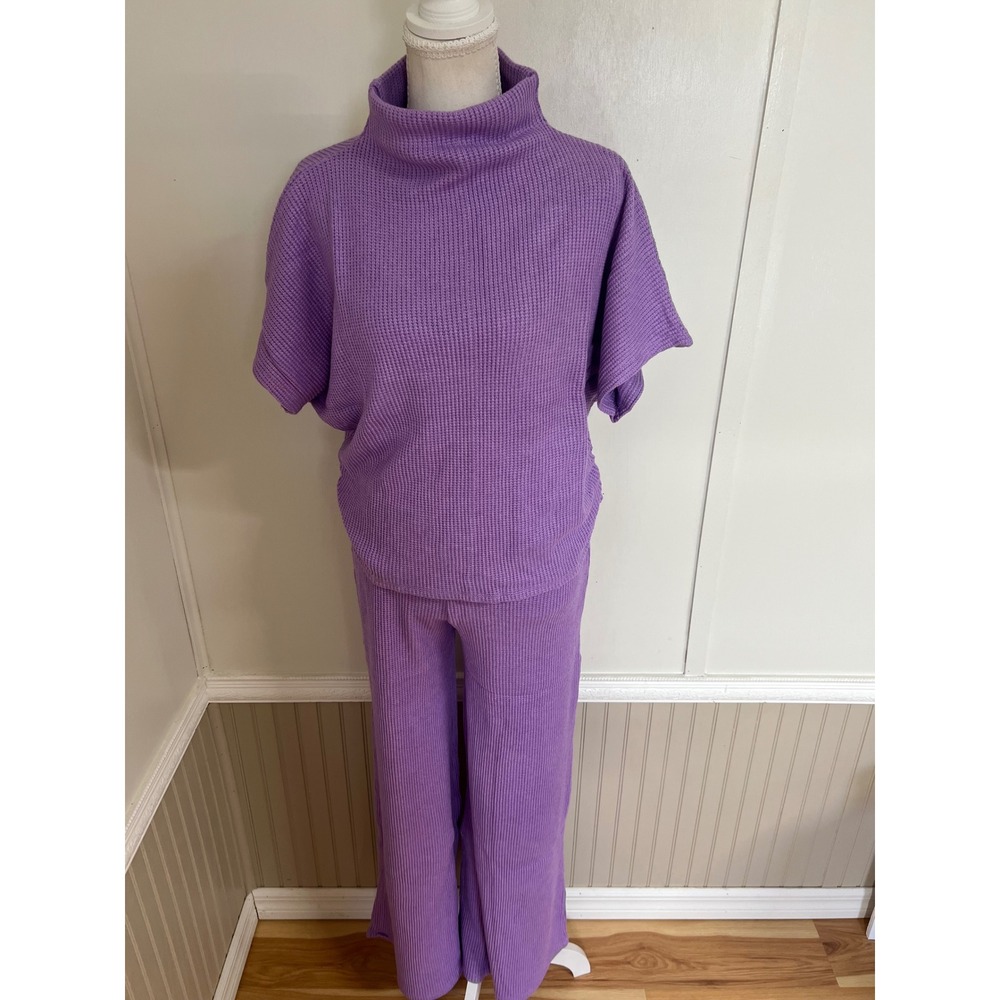 Zenana Womens Purple Waffle Knit 2 Piece Set Mock Neck Top Wide Leg Pants Small - Picture 4 of 15